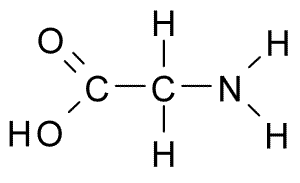 Chemical structure of glycine; side chain consists of a single hydrogen atom.