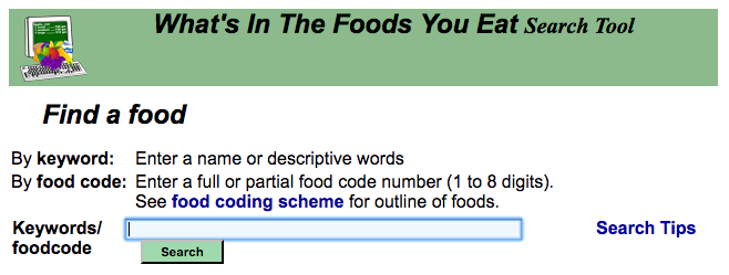 A screen capture of the "What's in the foods you eat?" search tool including form for inputting text and search button.