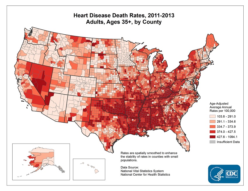 Heart Disease Death Rates, 2008-2010. Age adjusted average annual deaths per 100,000 among adults ages 35 and older, by county. Rates range from 109.8 to 750.8 per 100,000. Counties with the highest rates are located primarily in Alabama, Louisiana, Mississippi, Oklahoma, southern Georgia, eastern Kentucky, northeastern Michigan, and southern California.