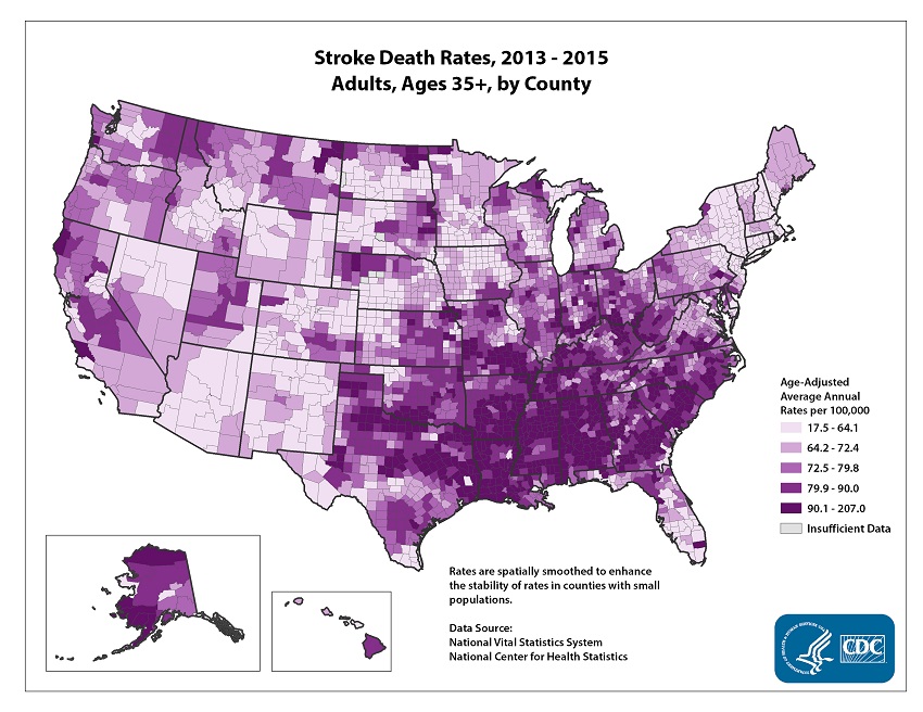Age adjusted average annual deaths per 100,000 among adults ages 35 and older, by county. Rates range from 28.2 to 284.8 per 100,000. The map shows that concentrations of counties with the highest stroke death rates - meaning the top quintile - are located primarily in the Southeast, with heavy concentrations of high-rate counties in Georgia, Alabama, Mississippi, and Arkansas. Pockets of high-rate counties also are found in Alaska, Tennessee, Oklahoma, parts of Texas, and along the coastal plains of North Carolina and South Carolina.