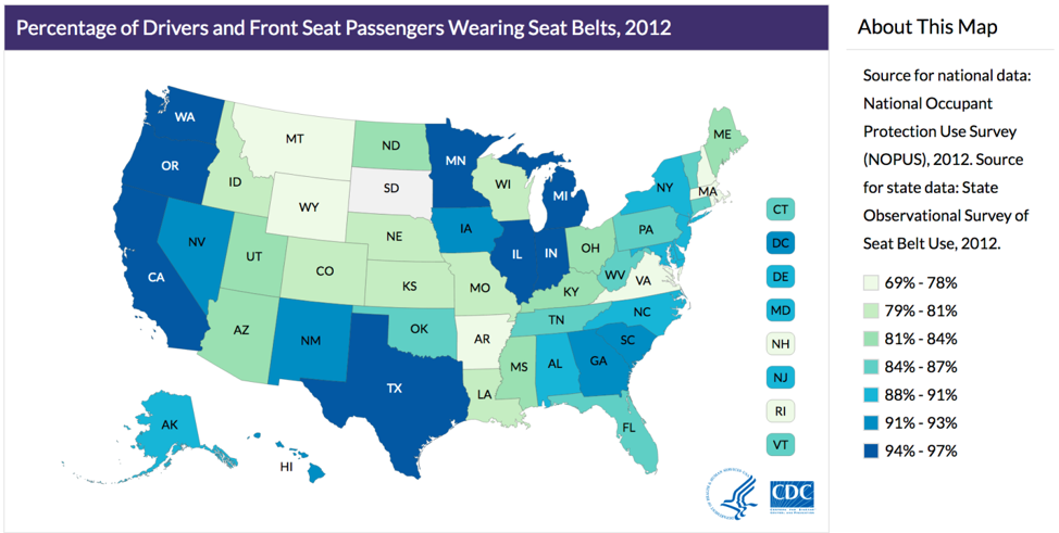 Figure 3. Percentage of drivers and front seat passengers wearing seat belts, 2012. States with the highest percentage are California, Oregon, Washington, Minnesota, Illinois, Indiana, Michigan, and Texas. States with the lowest percentage (69%-78%) are Montana, Wyoming, South Dakota, Arkansas, Virginia, Massachusetts, and New Hampshire.