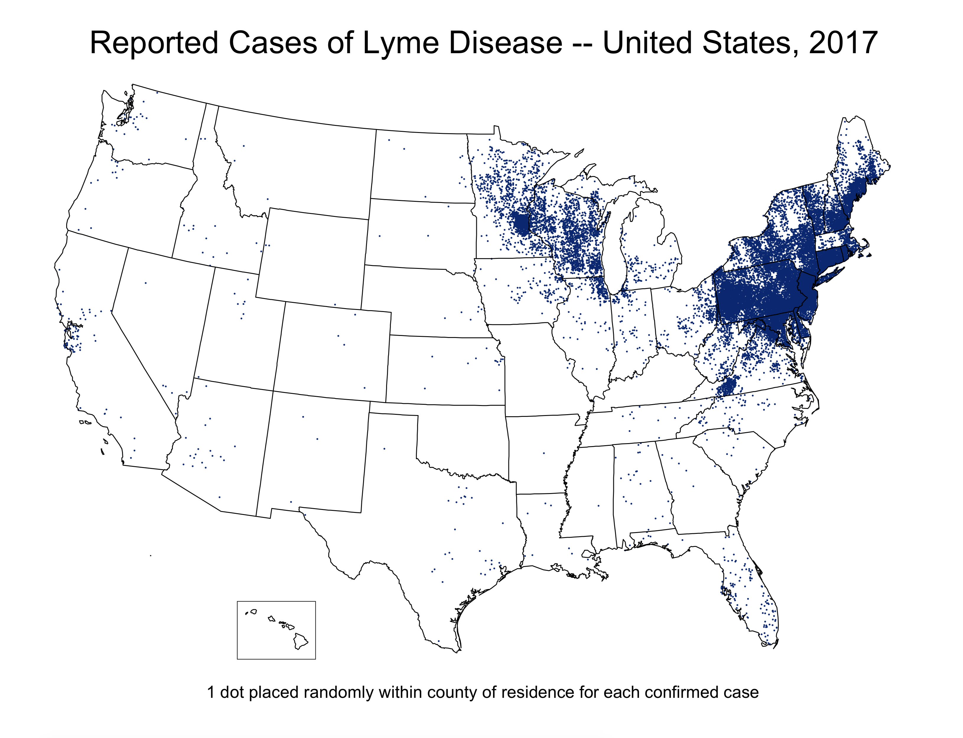 reported cases of Lyme disease in the US in 2017. Huge majority of cases is in the northeast.