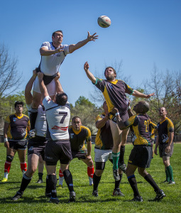 Rugby teams lifting players into the air to reach ball