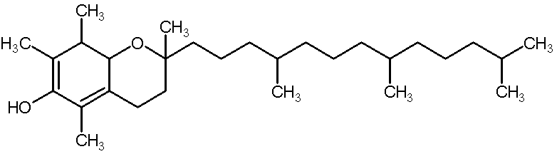 A drawing of vitamin E that shows two carbon ring structures with 4 methyl groups and an OH group and then a long carbon chain with 4 methyl groups attached.