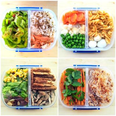 4 bento boxes are shown that each have a balanced meal including vegetables, grains, and meat.