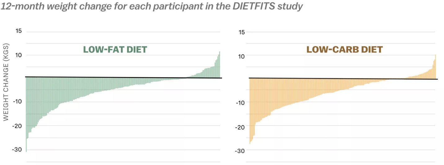 Two bar graphs depict the weight changes of participants in the DIETFITS study. One graph shows the weight changes of participants in the low-fat diet study group and the other graph shows the weight changes of participants in the low-carb diet study group. The two graphs are very similar in appearance, indicating that participants experienced similar results regardless of the diet they followed.