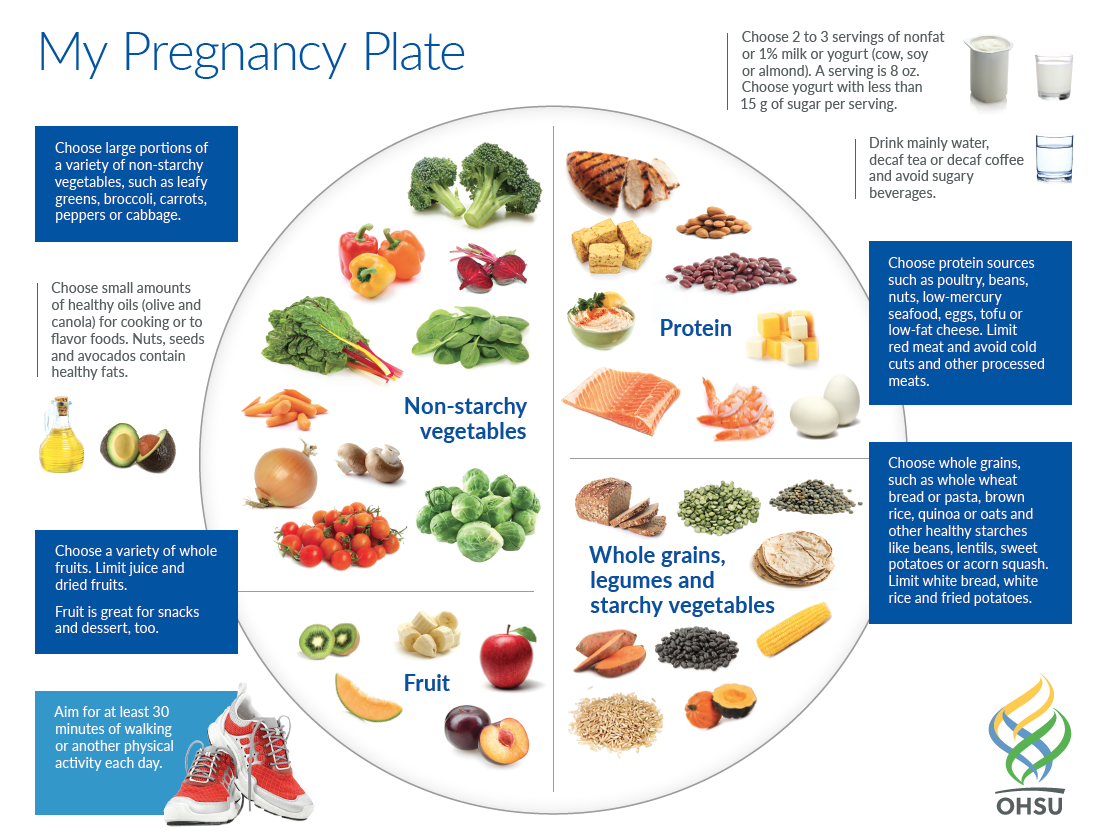 Ideal pregnancy diet of 1/3 vegetables, 1/4 lean protein, and 1/4 whole grains