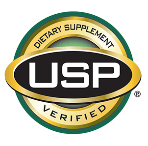Image of the USP Verified Mark for Dietary Supplements. Image is a circle with a yellow gold center and green edge with the "USP" phrase in the center of the image.