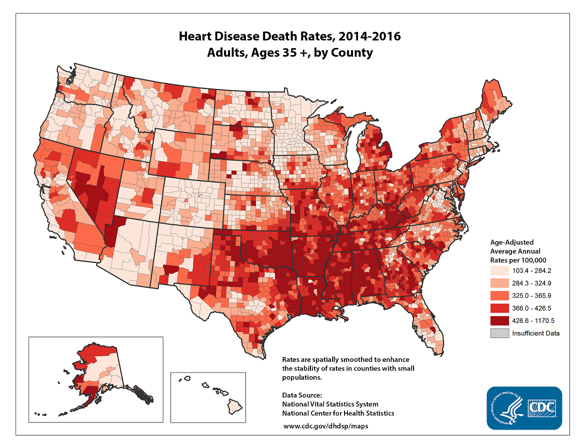 Heart Disease Death Rates, 2008-2010. Age adjusted average annual deaths per 100,000 among adults ages 35 and older, by county. Rates range from 109.8 to 750.8 per 100,000. Counties with the highest rates are located primarily in Alabama, Louisiana, Mississippi, Oklahoma, southern Georgia, eastern Kentucky, northeastern Michigan, and southern California.