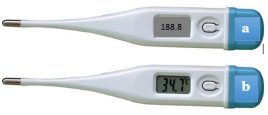 Two digital thermometers, one showing F and one showing C temp.