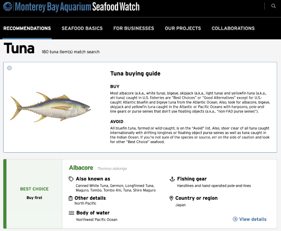 A screenshot of the Monterey Bay Aquarium Seafood Watch website, showing recommendations for types of tuna to buy or avoid.