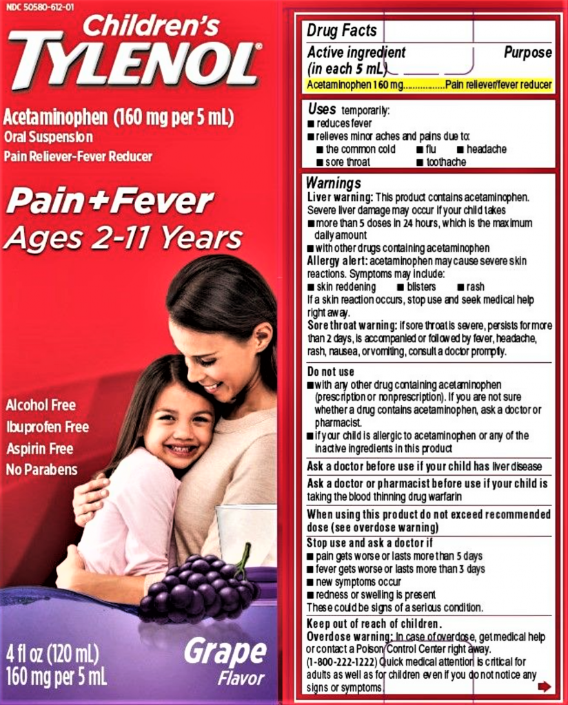 Photo showing drug facts and front image of Tylenol brand acetaminophen
