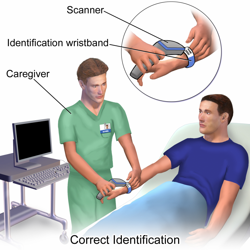Image showing a nurse checking a patient's identification armband with a scanning device