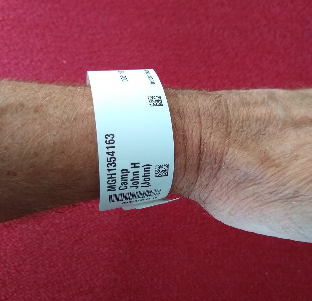 Photo showing closeup of a patient identification band