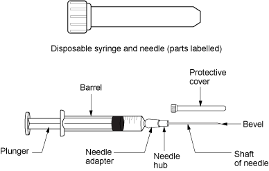 Illustration showing parts of a syringe, with labels