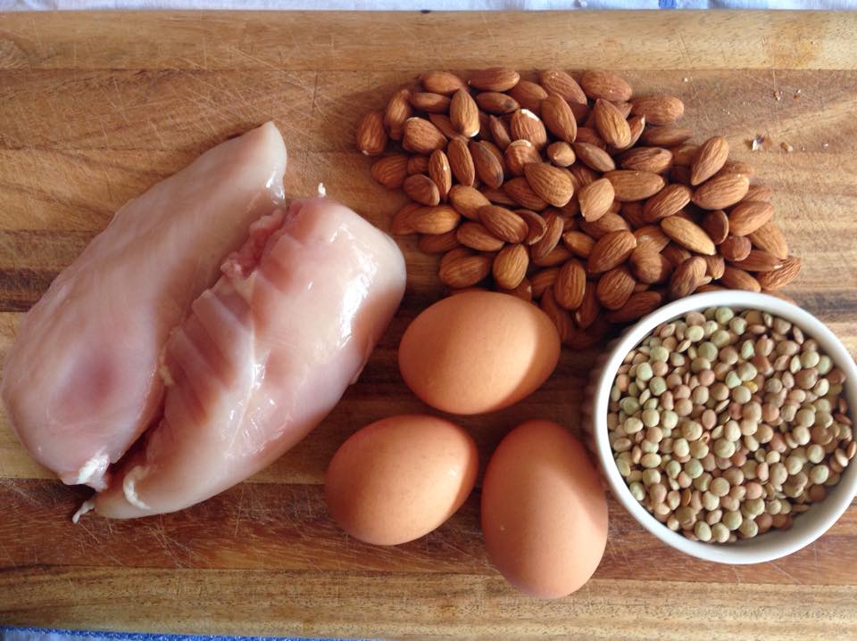 Image showing a photo of Protein-Rich Foods, including chicken, eggs, beans, and nuts