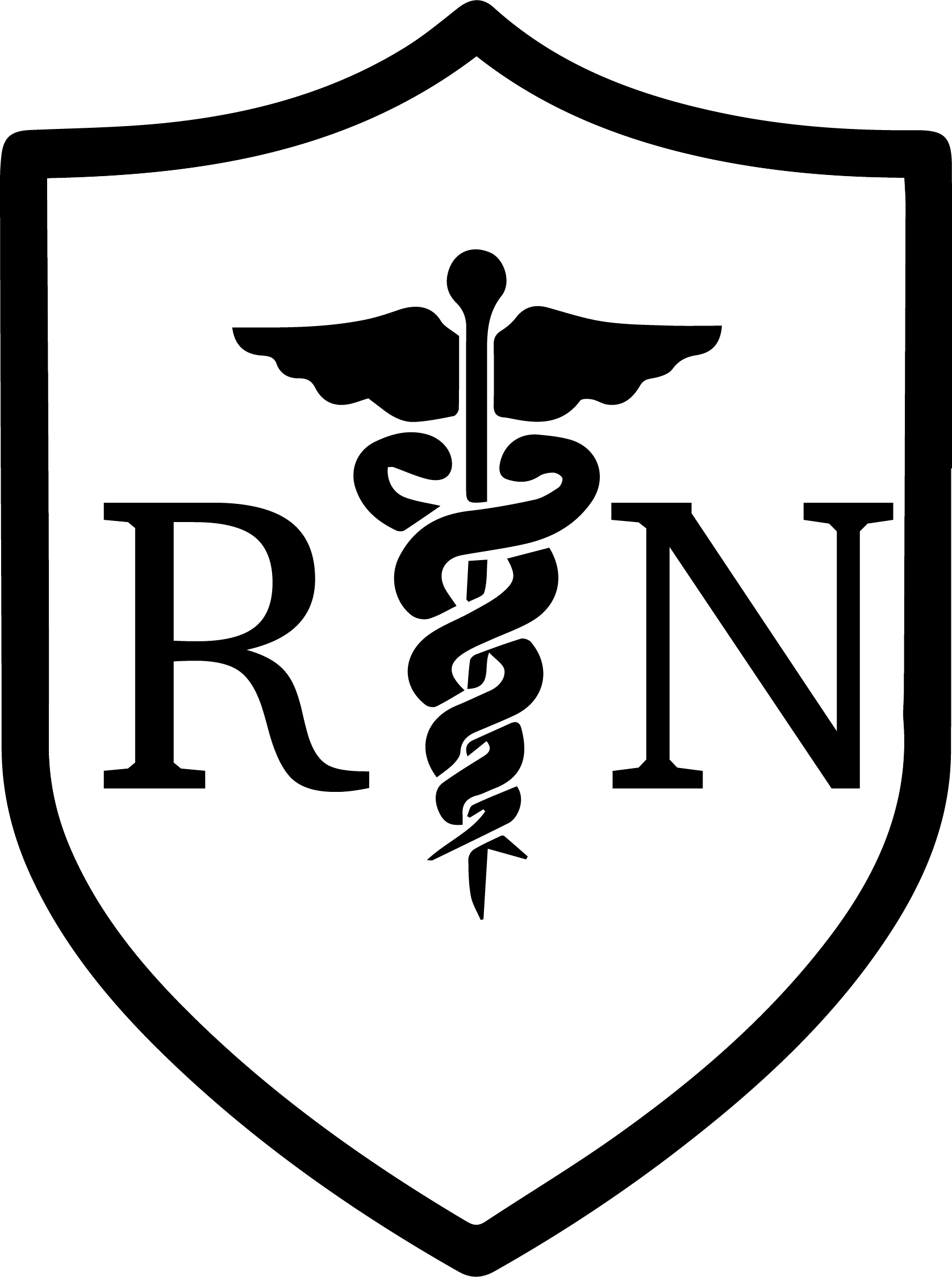 Image of a shield shaped icon with the caduceus symbol between letters R and N