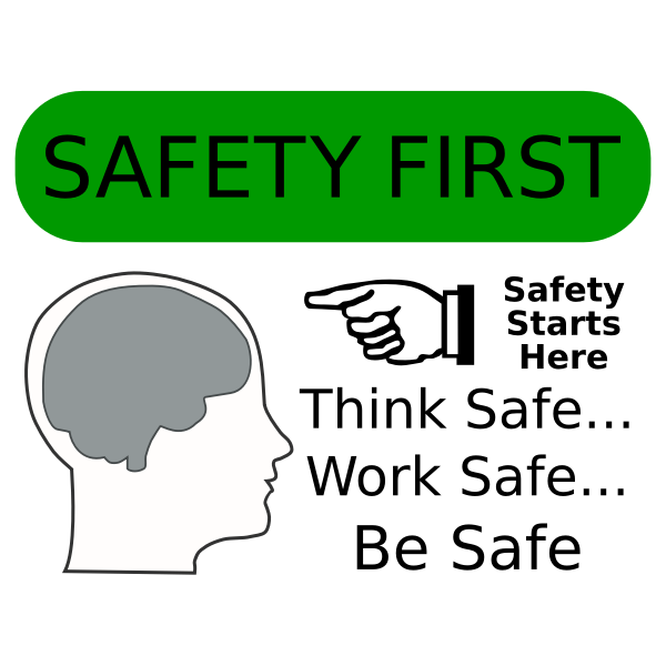 Зображення, що показує контур людської голови з видимою формою мозку, зверненим до тексту, і вказівною рукою, яка говорить Безпека По-перше, безпека починається тут, думайте безпечно, працюйте безпечно, будьте в безпеці