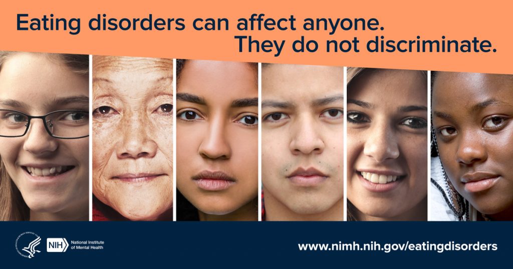 Imagen que muestra seis caras diferentes con texto que indica que los Trastornos Alimentarios pueden afectar a cualquiera. No discriminan.