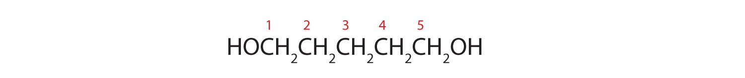 Structural formula of 1,5-pentanediol is shown with the 5 carbons labeled 1 to 5 from left to right.