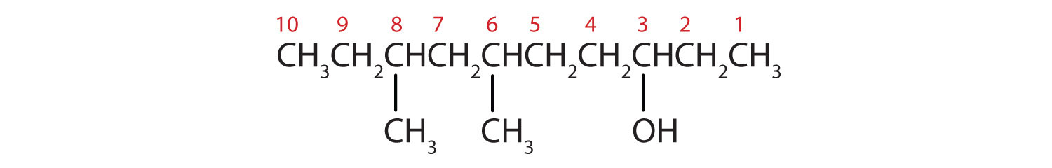 Structural formula of 6,8-dimethyl-3-decanol is shown with the ten carbons on the alkane straight chain labeled 1 to 10 from right to left. 