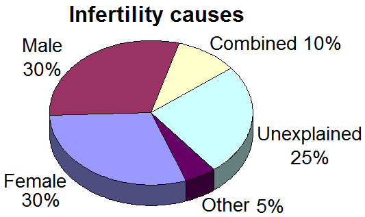 This is a pie chart showing causes of infertility. Male: 30%, Female: 30%, Combined: 10%, Unexplained: 25%, Other: 5%
