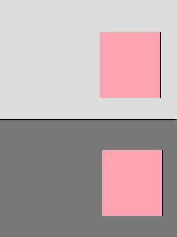 This is a drawing of two pink cubes; one is on a light gray background, the other on a dark gray background. The brain interprets the pink cube on the light gray background as being a darker shade than the pink cube on the dark gray background.