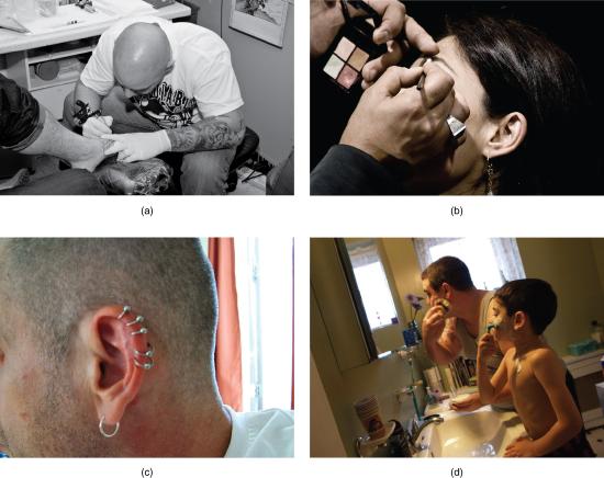 Person getting tattoo; person getting make-up done; human ear with piercings; ma and boy shaving their faces. 