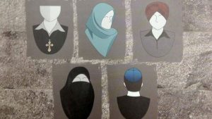 Human silhouettes depicting somebody wearing a cross, wearing a headscarf, wearing a turban, wearing a burka, and wearing a yamaka.