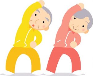 Cartoon elderly couple in sweatsuits stretching