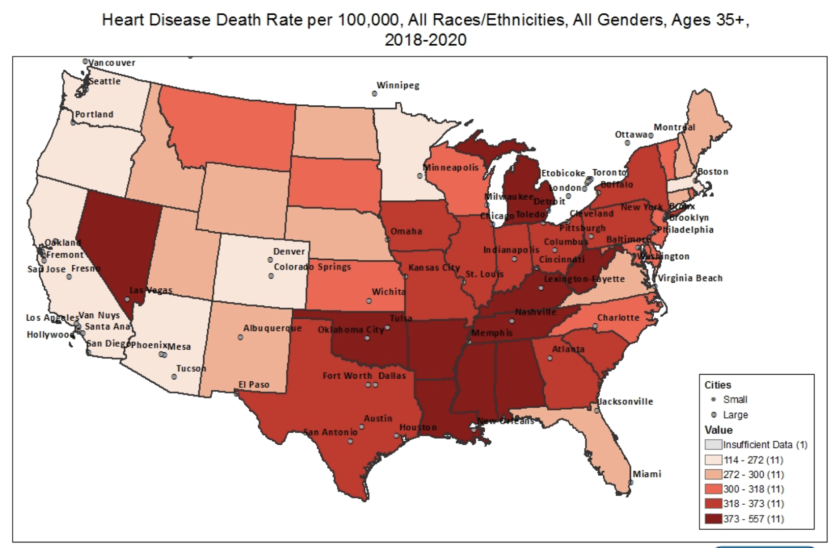 heart disease death rate per 100,000, United States