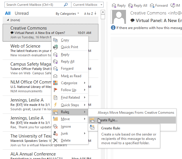 Email interface showing a context menu for moving messages. Options include Categorize, Mark as Read, and Rules. The cursor hovers over Create Rule, with a tooltip explanation.