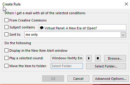 Screenshot of an email rule creation window with options to set conditions and actions for emails. Options include moving items, displaying alerts, and playing sounds based on specific criteria.