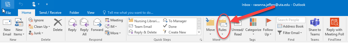 Outlook toolbar interface with a red arrow pointing to the New Email button under the Home tab.