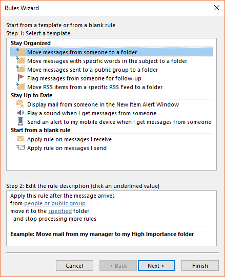 Screenshot of a Rules Wizard window in an email application. The window shows steps and conditions for moving messages from a sender to a folder, with highlighted selections for specific actions.