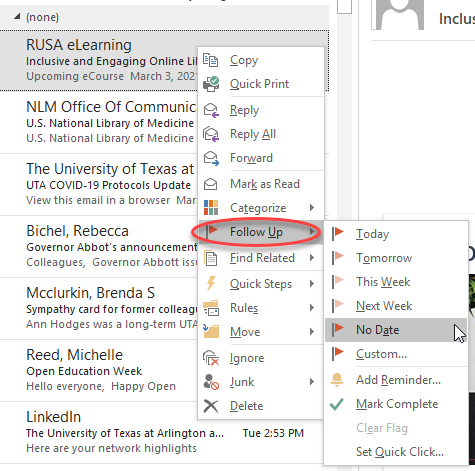 Screenshot of an email interface showing a right-click menu with options. Follow Up is highlighted with a red circle, and a submenu shows various follow-up timing options.