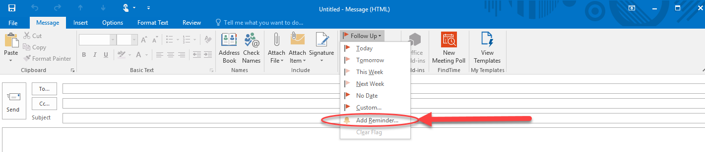 Outlook email interface showing a dropdown menu for the Follow Up feature. An arrow points to the Add Reminder option.