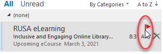 Email inbox screenshot showing a highlighted email with the subject RUSA eLearning. It mentions an upcoming eCourse on March 3, 2021. A red flag icon is to the right of the email.