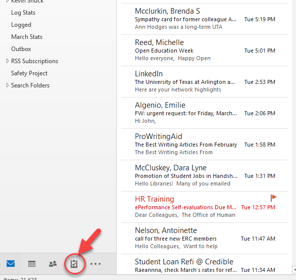 A screenshot of an email inbox showing a list of messages. A red arrow points to a settings icon at the bottom left corner. The highlighted email is about HR Training, dated Tuesday, 9:57 AM.