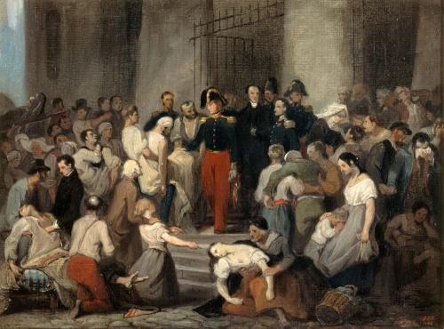 The Duke of Orléans visiting the sick at the Hôtel-Dieu hospital, during the cholera outbreak, in 1832. Painting by Alfred Johannot, 1832.