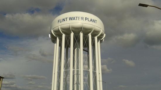 Photo of a water tower in Flint, Michigan.