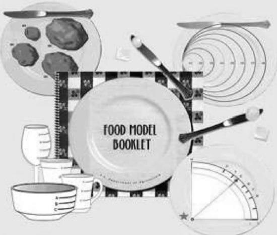 Illustration of a Food Forcel Booklet with plates, measuring instruments, and utensils. There are charts and graphs related to food, and cups and bowls are shown around the central plate.