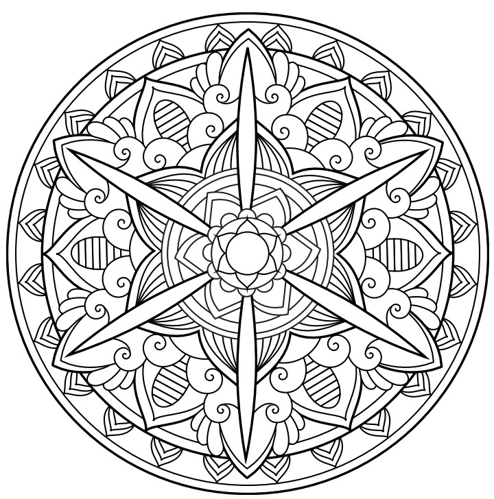 Intricate black and white mandala featuring geometric shapes, swirling patterns, and floral motifs intended for coloring.