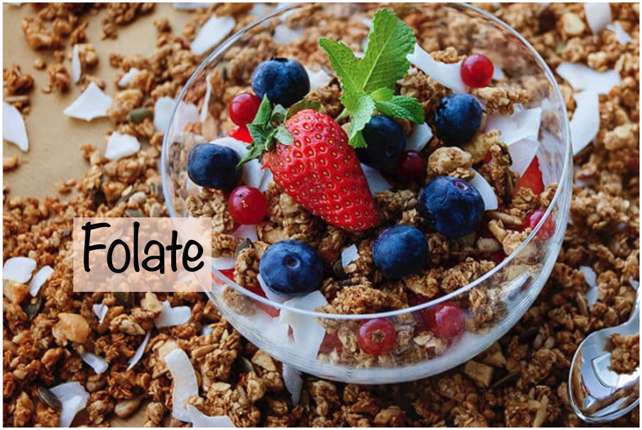 A glass bowl filled with granola, yogurt, berries, and mint, surrounded by scattered granola on a surface. The word "Folate" is overlaid.