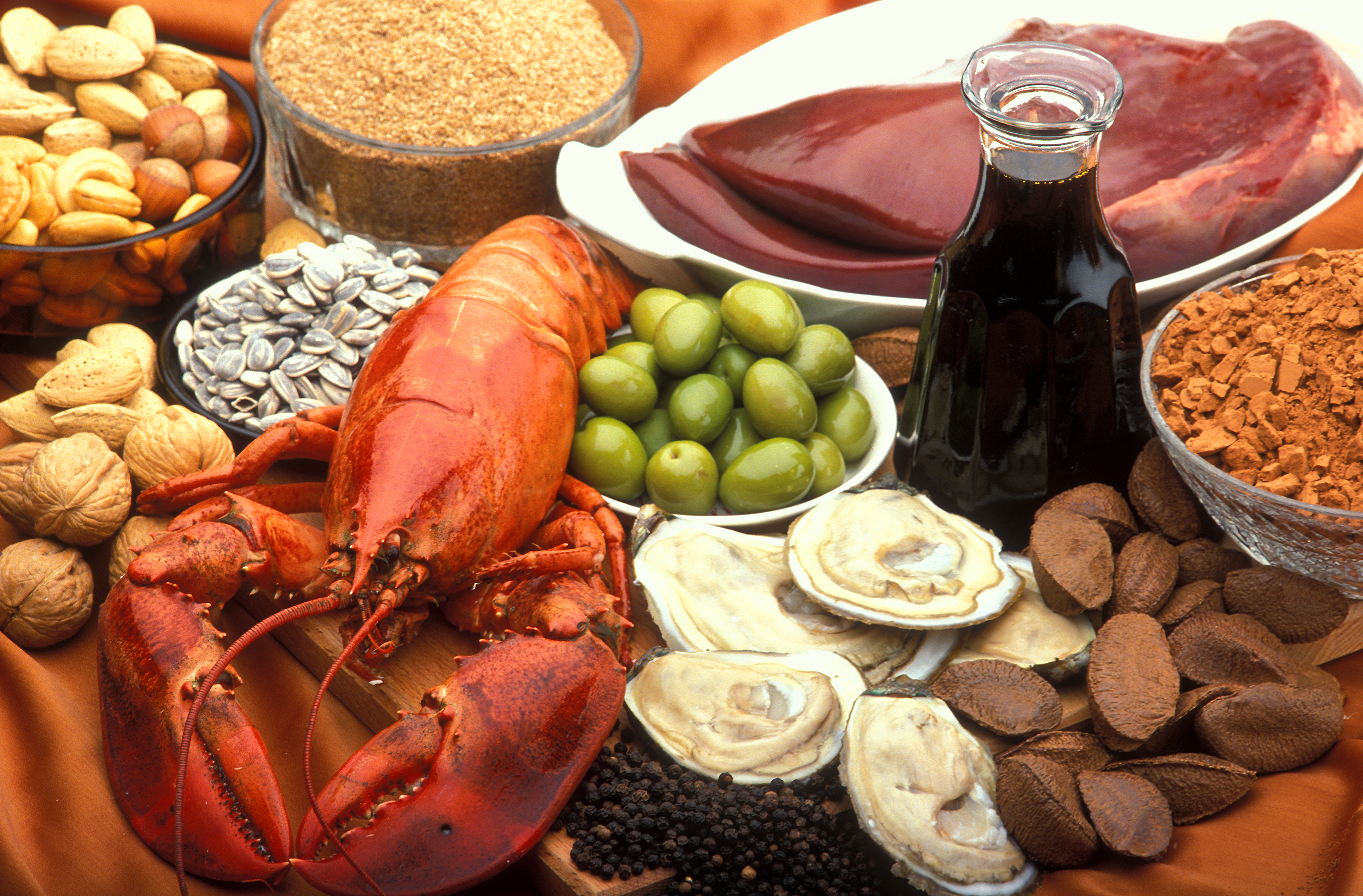 An arrangement of assorted foods including lobster, oysters, olives, nuts, seeds, liver, sugar, and spices.